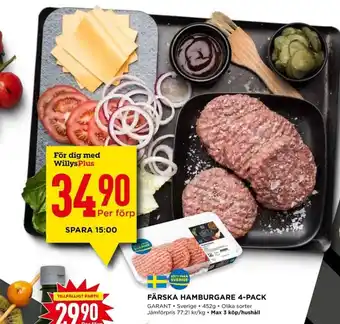 Willys FÄRSKA HAMBURGARE 4-PACK GARANT • Sverige. 452g. Olika sorter Jämförpris 77:21 kr/kg. Max 3 köp/hushåll erbjuda