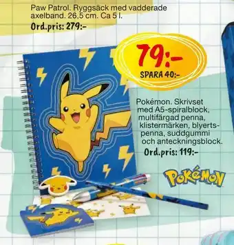 Leklust Pokémon Skrivset med A5-spiralblock, multifärgad penna, klistermärken, blyerts penna, suddgummi och anteckningsblock erbjuda