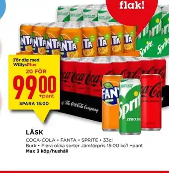 Willys LÄSK COCA-COLA FANTA SPRITE 33cl erbjuda
