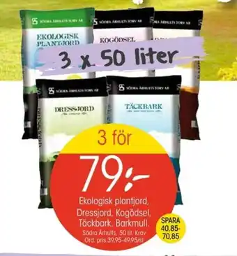 EKO Ekologisk plantjord, Dressjord, Kogördsel, Täckbark, Barkmull 3x50 lit. erbjuda