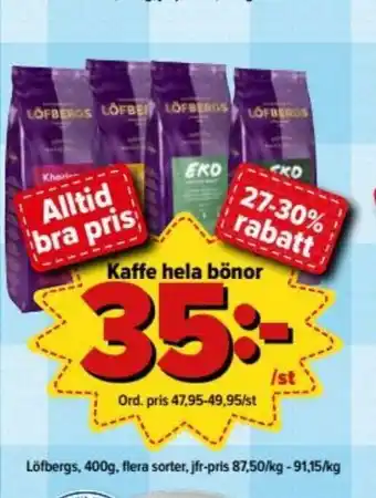 Östenssons Löfbergs Kaffe hela bönor 400g erbjuda