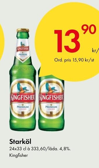 Snabbgross Starköl 24x33 cl à 333,60/låda. 4,8%. Kingfisher erbjuda