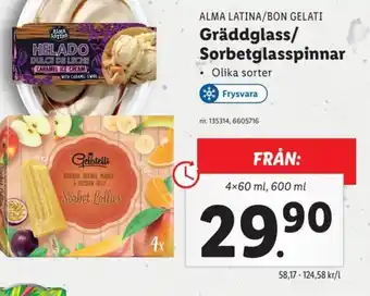 Lidl ALMA LATINA/BON GELATI Gräddglass/ Sorbetglasspinnar erbjuda