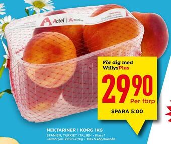 Willys Nektariner i korg 1kg erbjuda