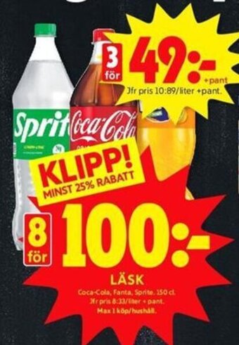 ICA Kvantum LÄSK Coca-Cola, Fanta, Sprite, 150 cl. erbjuda