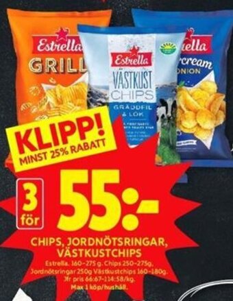ICA Kvantum CHIPS, JORDNÖTSRINGAR, VÄSTKUSTCHIPS Estrella erbjuda