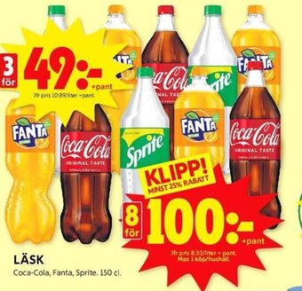 LÄSK Coca-Cola, Fanta, Sprite. 150 cl.