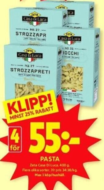ICA Kvantum PASTA Zeta Casa Di Luca. 400 g erbjuda