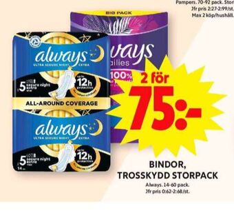 ICA Maxi Always bindor erbjuda