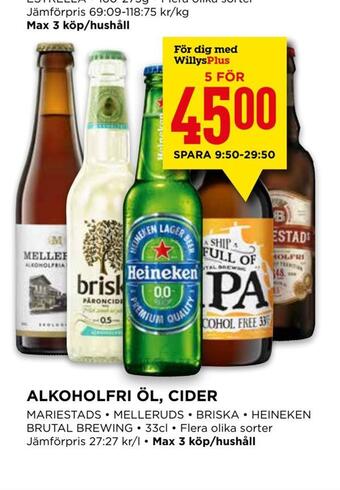 Willys Alkoholfri öl, cider erbjuda