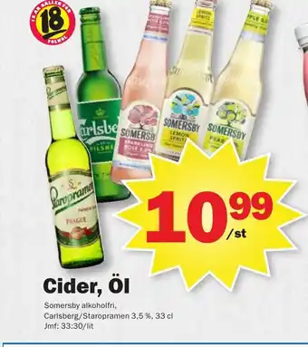 Pekås Cider, Öl Somersby alkoholfri, Carlsberg/Staropramen 3,5 %, 33 cl Jmf: 33:30/lit erbjuda