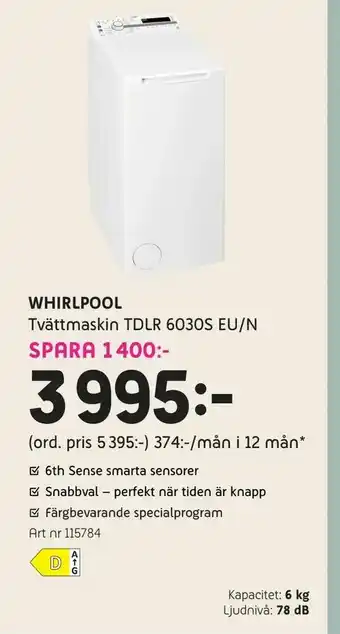 Elon WHIRLPOOL Tvättmaskin TDLR 6030S erbjuda