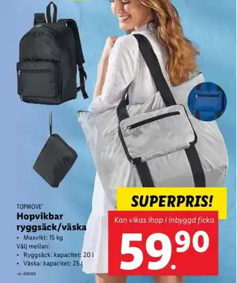 Lidl TOPMOVEⓇ Hopvikbar ryggsäck/väska erbjuda