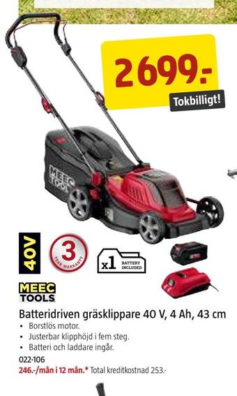 Jula Batteridriven gräsklippare 40 v, 4 ah, 43 cm erbjuda
