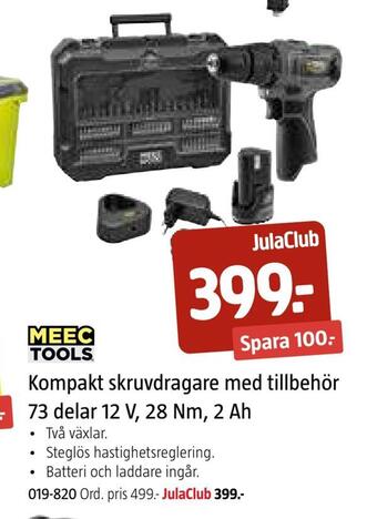 Jula Kompakt skruvdragare med tillbehör 73 delar 12 v, 28 nm, 2 ah erbjuda