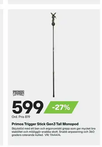 XXL Primos Trigger Stick Gen3 Tall Monopod erbjuda
