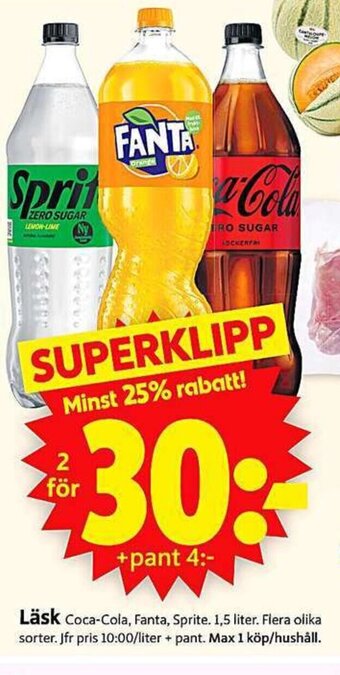 ICA Supermarket Läsk Coca-Cola, Fanta, Sprite. 1,5 liter erbjuda