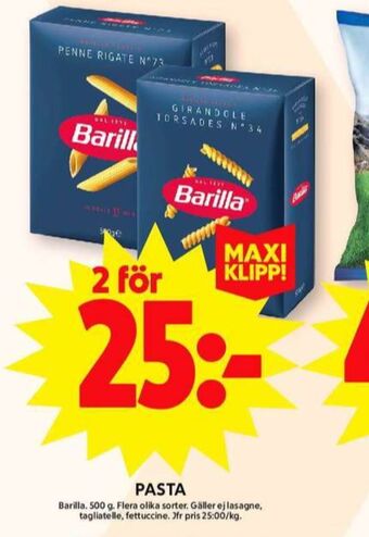 ICA Maxi Barilla pasta sorterad erbjuda
