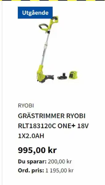 Bauhaus GRÄSTRIMMER RYOBI RLT183120C ONE+ 18V 1X2.0AH erbjuda