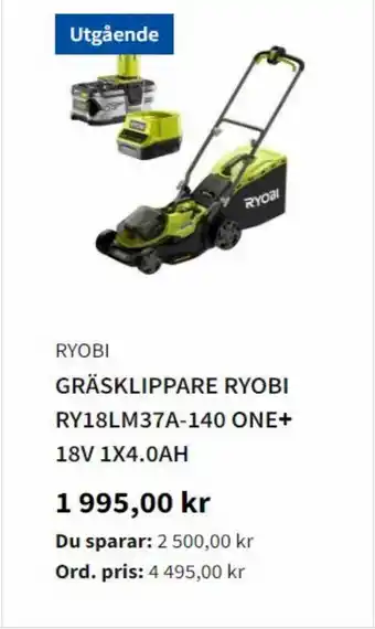 Bauhaus GRÄSKLIPPARE RYOBI RY18LM37A-140 ONE+ 18V 1X4.0AH erbjuda