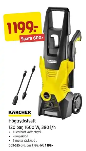 Jula Högtryckstvätt 120 bar, 1600 w, 380 l/h erbjuda