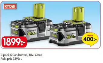 Ryobi 2-pack 5.0ah batteri, 18v One+