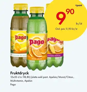 Fruktdryck 12x33 cl à 118,80/platta exkl pant. Apelsin/Morot/Citron., Multivitamin, Apelsin Pago