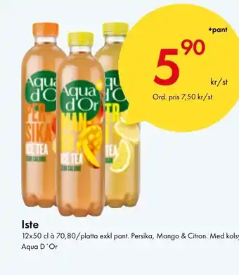 Snabbgross Iste 12x50 cl à 70,80/platta exkl pant. Persika, Mango & Citron. Med kolsyra. Aqua D'Or erbjuda