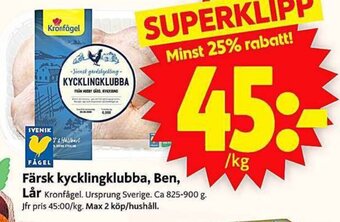 ICA Supermarket Färsk kycklingklubba, Ben, Lår Kronfågel. erbjuda