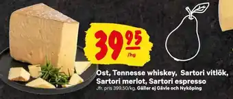 City Gross Ost, tennesse whiskey, sartori vitlök, sartori merlot, sartori espresso erbjuda