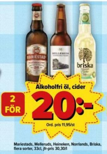 Östenssons Mariestads Alkoholfri öl, cider 33cl erbjuda