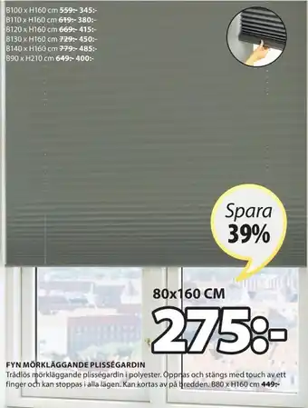 JYSK Fyn Mörkläggande Plisségardin 80x160cm erbjuda