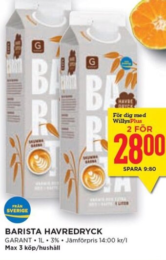 Willys BARISTA HAVREDRYCK GARANT 1L. erbjuda