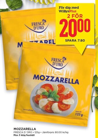 Willys MOZZARELLA FRESCA D'ORO 125g. erbjuda