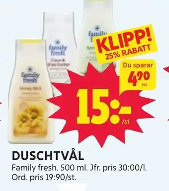 Ica Hajen Lagpris DUSCHTVÅL Family fresh. 500 ml. erbjuda