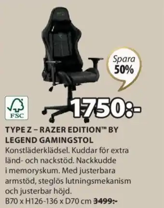 JYSK TYPEZ-RAZER EDITION™ BY LEGEND GAMINGSTOL erbjuda