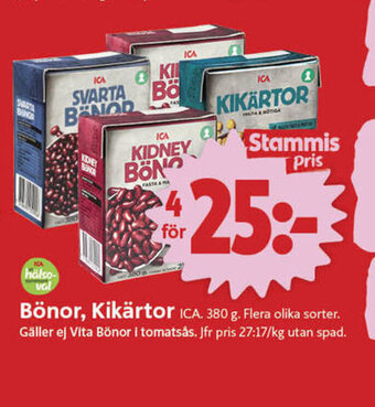 ICA Nära Bönor, Kikärtor ICA. 380 g. Flera olika sorter. Gäller ej Vita Bönor i tomatsås. Jfr pris 27:17/kg utan spad. erbjuda