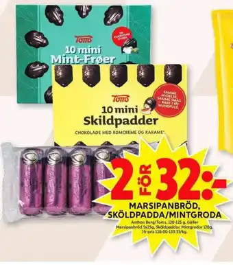 ICA Maxi Anthon Berg/Toms Marsipanbröd, Sköldpadda/Mintgroda 120-125g erbjuda