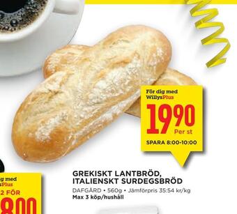 Willys Grekiskt lantbröd, italienskt surdegsbröd erbjuda