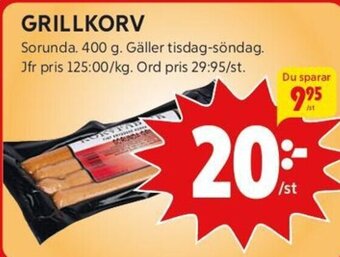 ICA Kvantum GRILLKORV Sorunda. 400 g. erbjuda