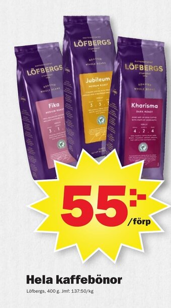 Pekås Hela kaffebönor Löfbergs, 400 g erbjuda