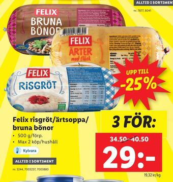 Lidl Felix risgröt/ärtsoppa/ bruna bönor erbjuda