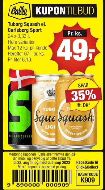 Calle Tuborg Squash el. Carlsberg Sport 24 x 0,33 L. erbjuda