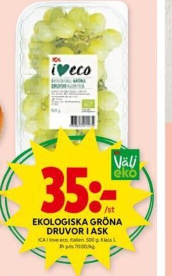 ICA Kvantum EKOLOGISKA GRÖNA DRUVOR I ASK erbjuda