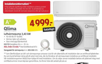 Jula Qlima Luftvärmepump 3,40 kW erbjuda