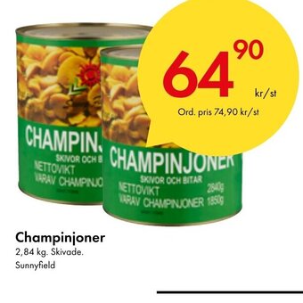 Snabbgross Champinjoner 2,84 kg. Skivade. Sunnyfield erbjuda