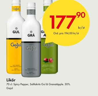 Likör 70 cl. Spicy Pepper, Saltlakrits Gul & Granatäpple. 30%. Gajol
