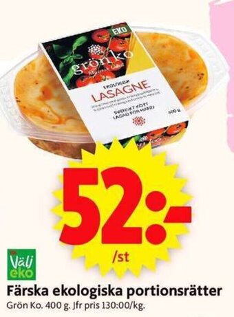 ICA Supermarket Färska ekologiska portionsrätter Grön Ko. 400 g. erbjuda
