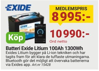 Erlandsons Brygga Batteri exide litium 100ah 1300wh erbjuda
