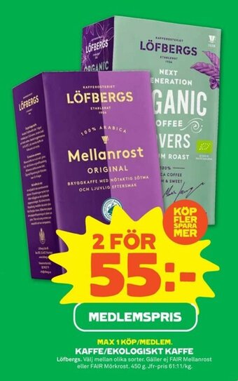 Stora Coop Löfbergs Kaffe/Ekologisk Kaffe 450g erbjuda